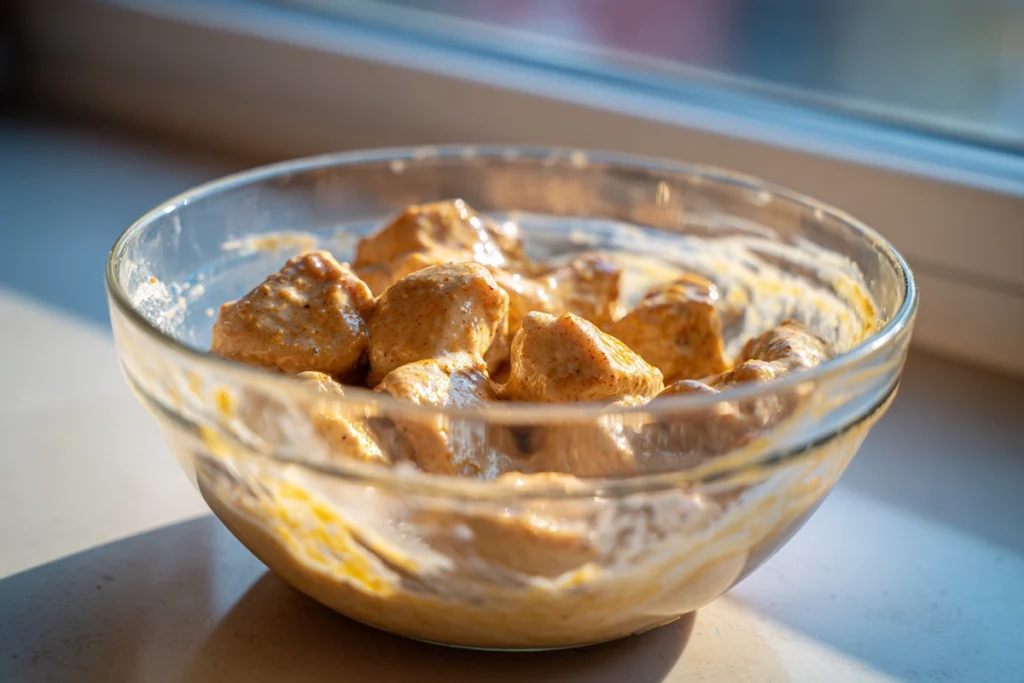 Close-up macro shot of marinated Indian Butter Chicken in a glass bowl