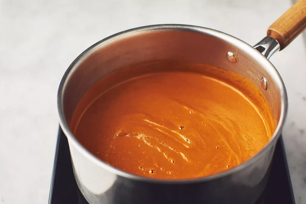 Simmering butter chicken sauce in stainless-steel pan with natural daylight
