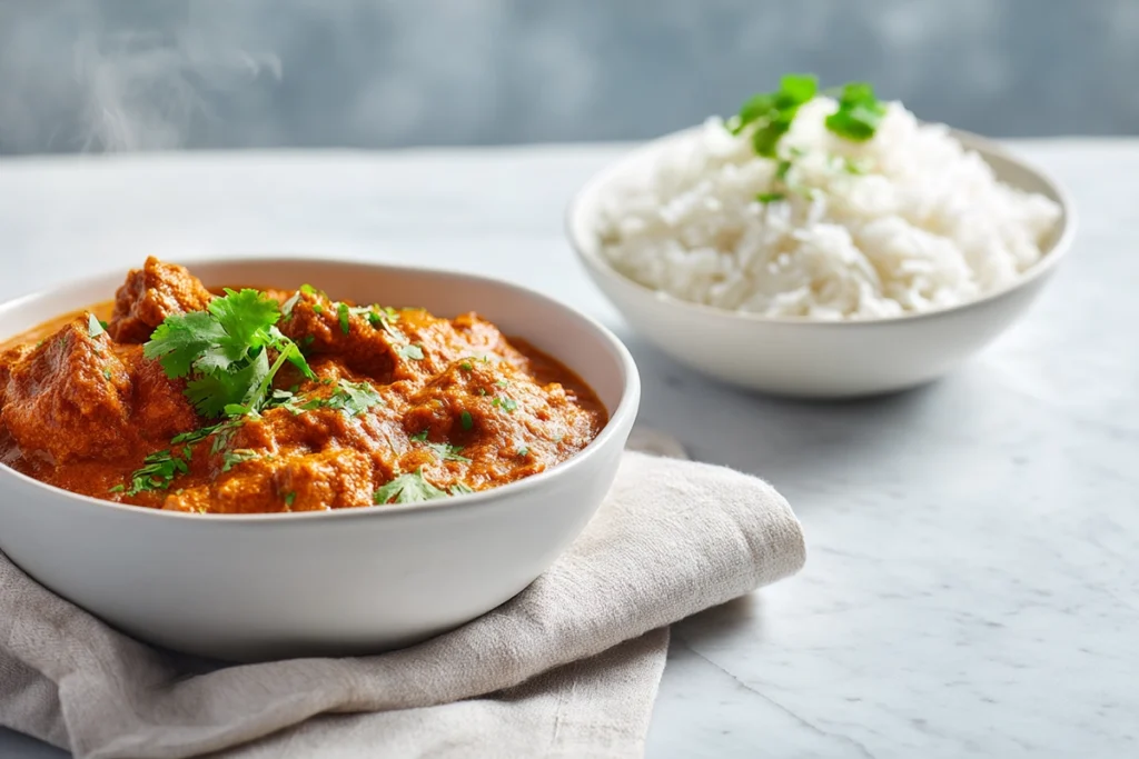 Indian Butter Chicken served with basmati rice on modern kitchen counter