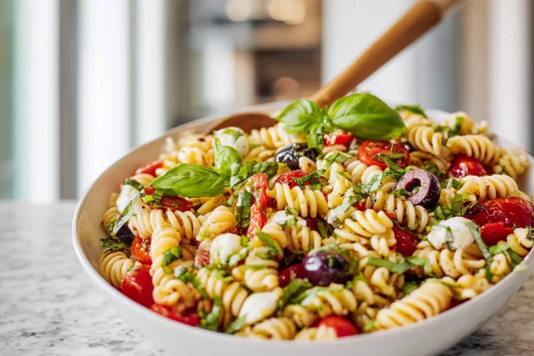 Finished Italian pasta salad in a modern kitchen hero shot