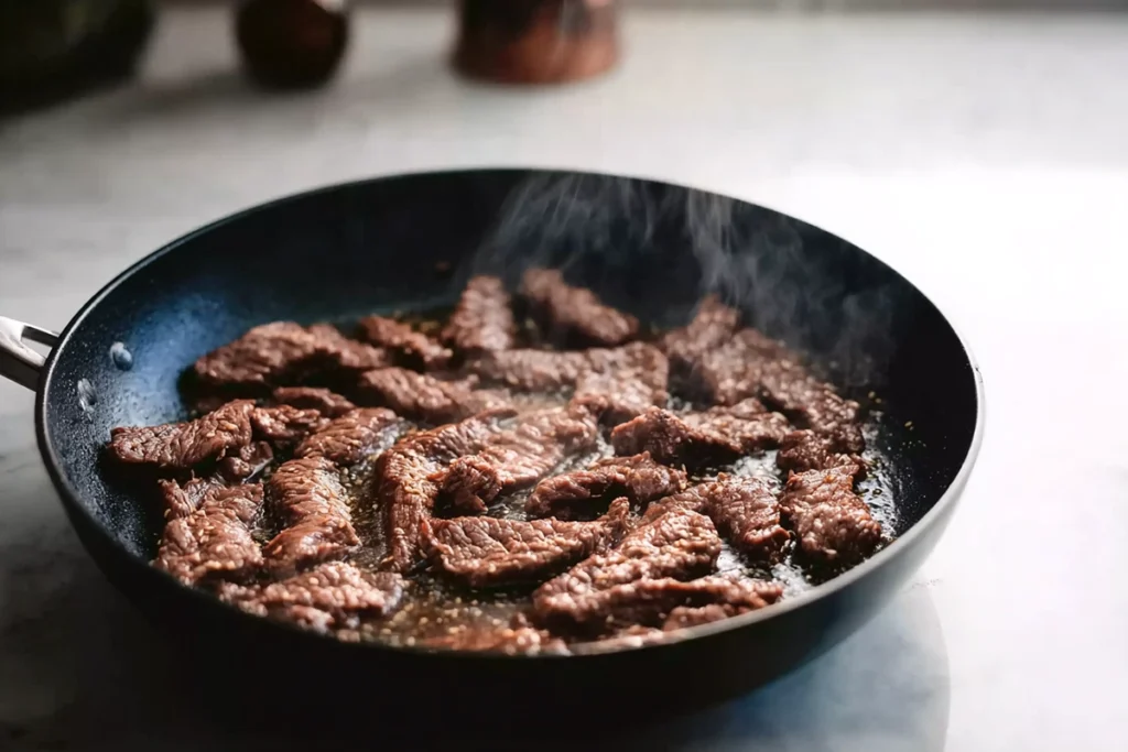keto mongolian beef cooking in skillet with glossy sauce and rising steam