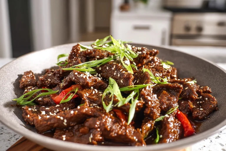photorealistic image of keto mongolian beef on plate with sesame seeds and green onions