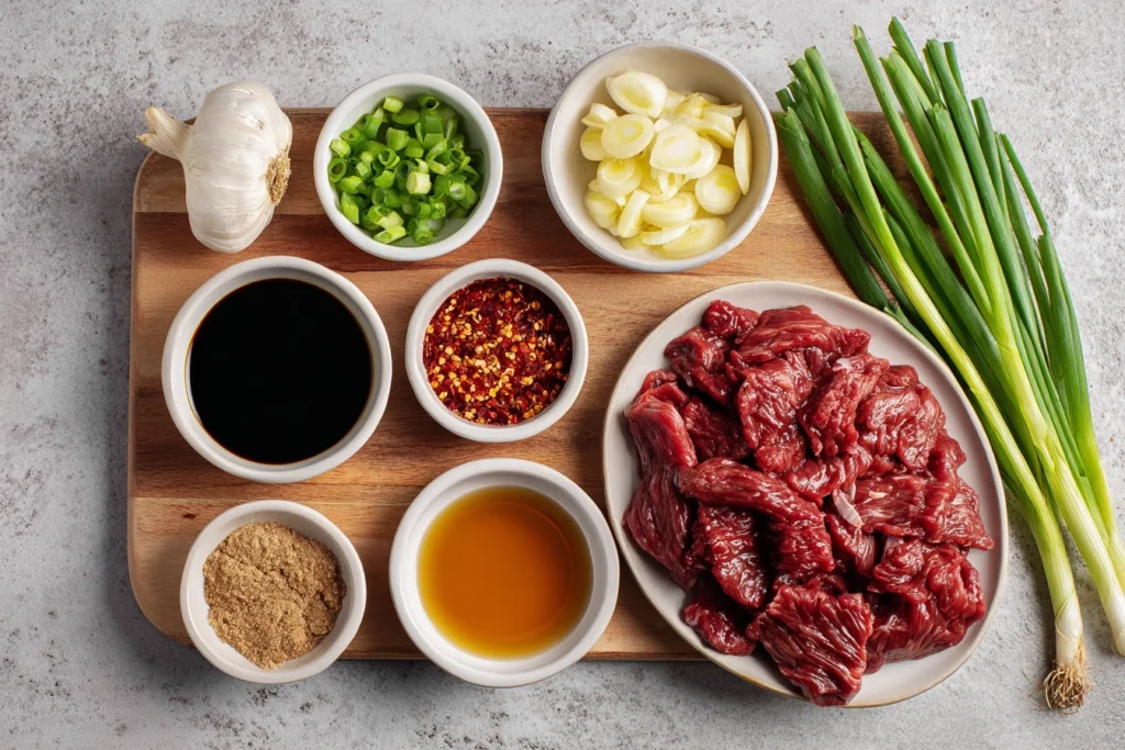 overhead shot of keto mongolian beef ingredients arranged on wooden board