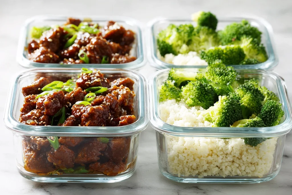 meal prep containers filled with keto mongolian beef cauliflower rice and broccoli