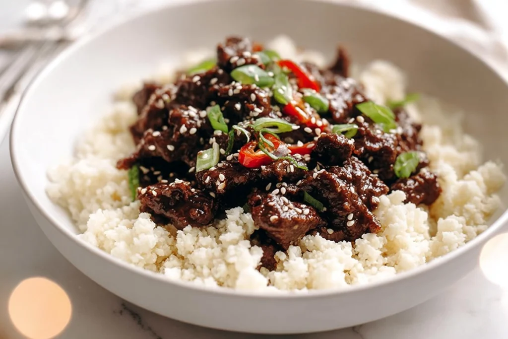 plated keto mongolian beef served over cauliflower rice with sesame seeds