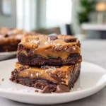 Gooey Knock You Naked Bars on white plate showing caramel and chocolate layers