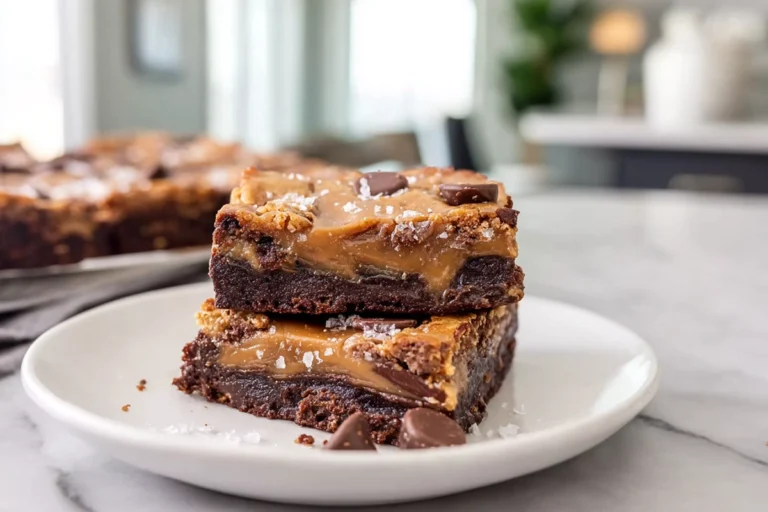 Gooey Knock You Naked Bars on white plate showing caramel and chocolate layers