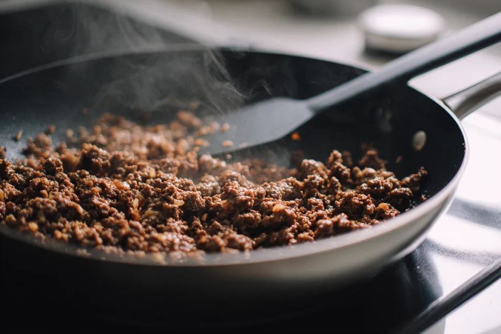 ground beef cooking in skillet for korean ground beef rice bowl recipe