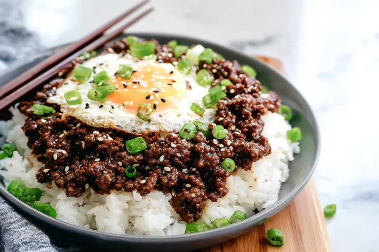 photorealistic korean ground beef rice bowl served with egg and sesame seeds