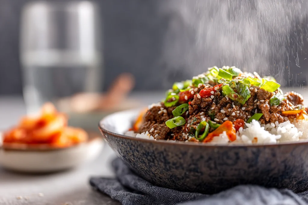 garnishing korean ground beef rice bowl with sesame seeds and green onions