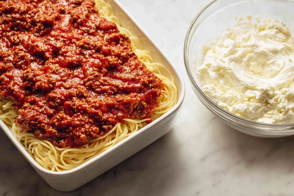 Layering process for Baked Cream Cheese Spaghetti Casserole in modern kitchen