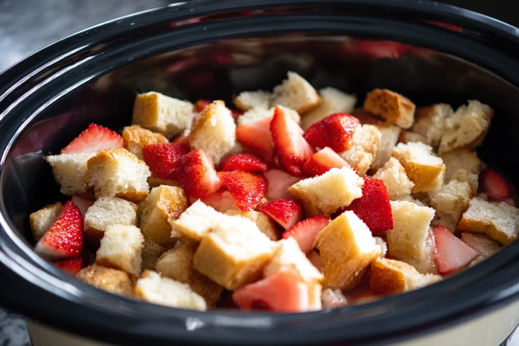 Layering bread and strawberries for Slow Cooker Strawberry French Toast Casserole