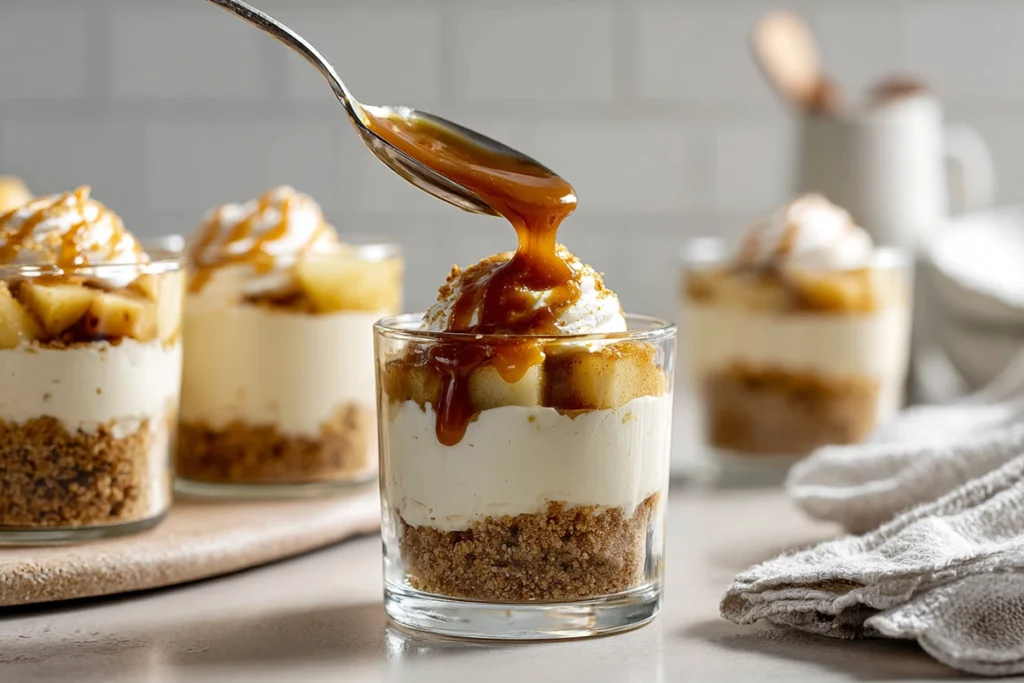 layering caramel apple dessert cups with cream and apple filling