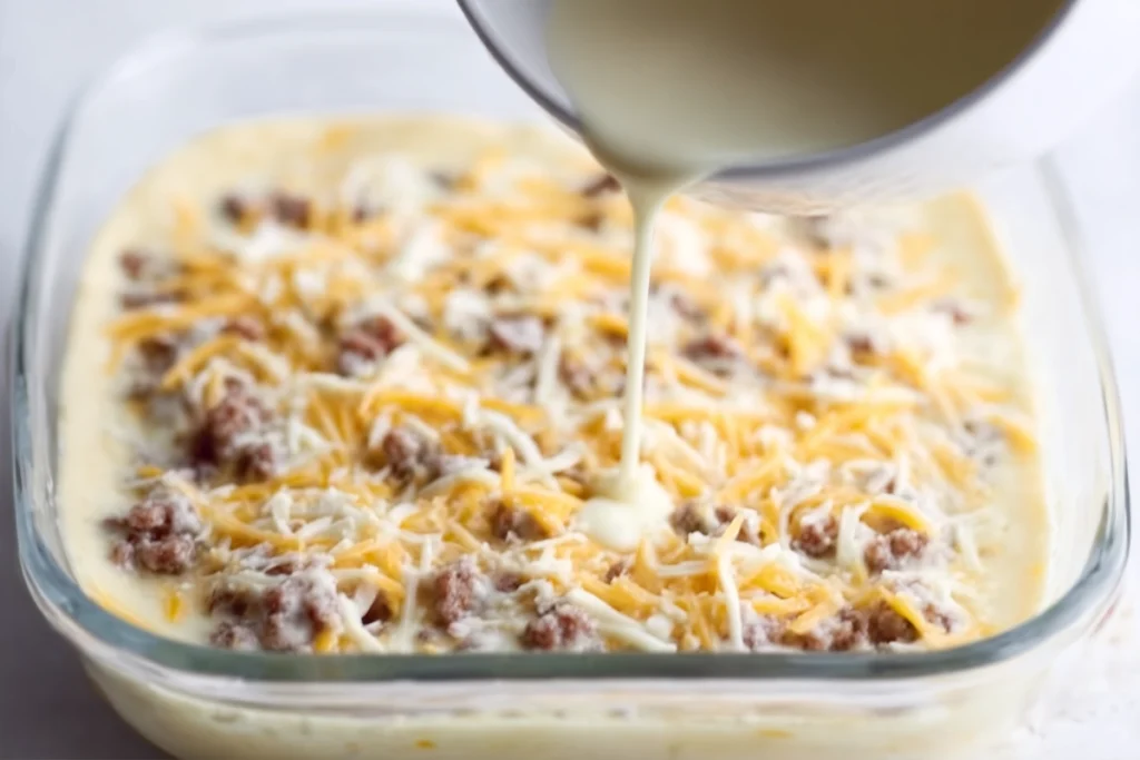 Layering sausage, cheese, and eggs over crescent roll dough for breakfast casserole