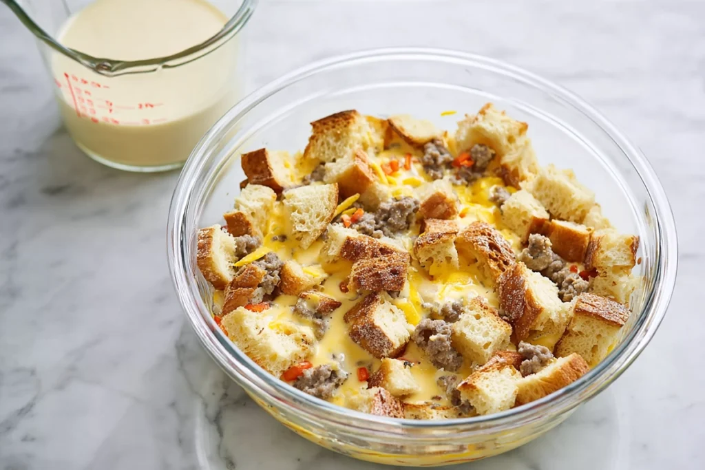 Step-by-step image showing layered bread, sausage, and vegetables for Egg Sausage Casserole