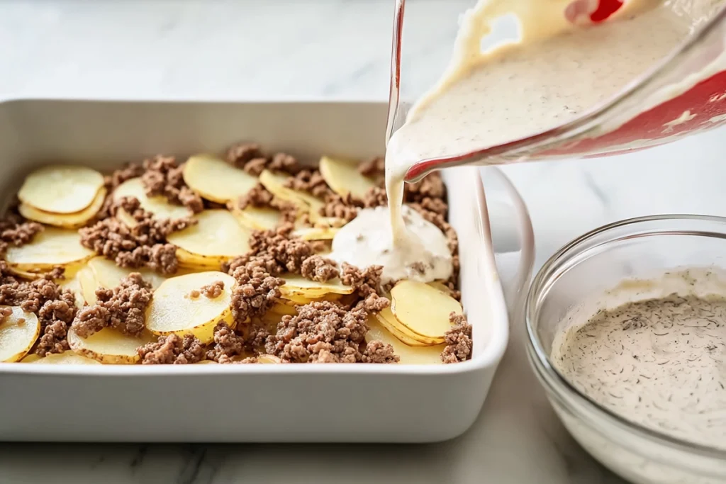 process shot of hamburger potato casserole being layered with potatoes, beef, and creamy sauce