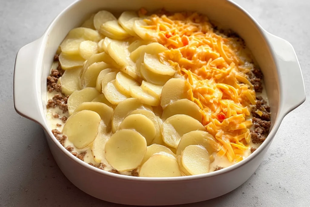 Overhead view of layering potatoes over ground beef mixture in casserole dish