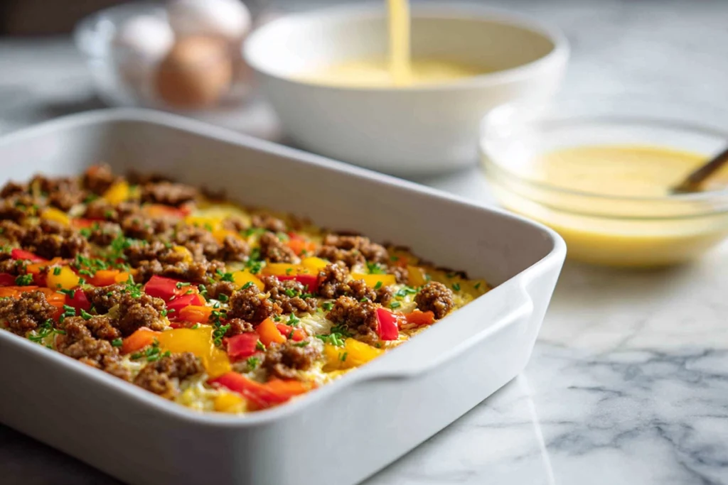 casserole layering process showing hash browns, sausage, and vegetables before baking