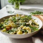 Lemon Arugula Pasta Salad beautifully plated in a modern kitchen hero image