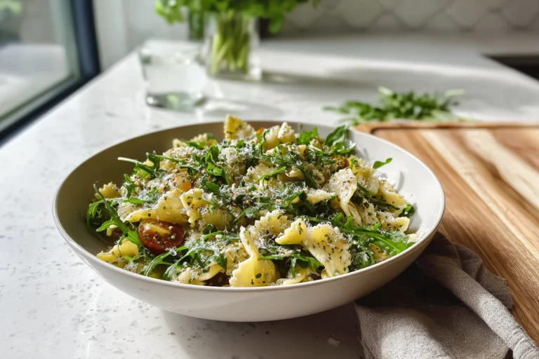 Lemon Arugula Pasta Salad beautifully plated in a modern kitchen hero image