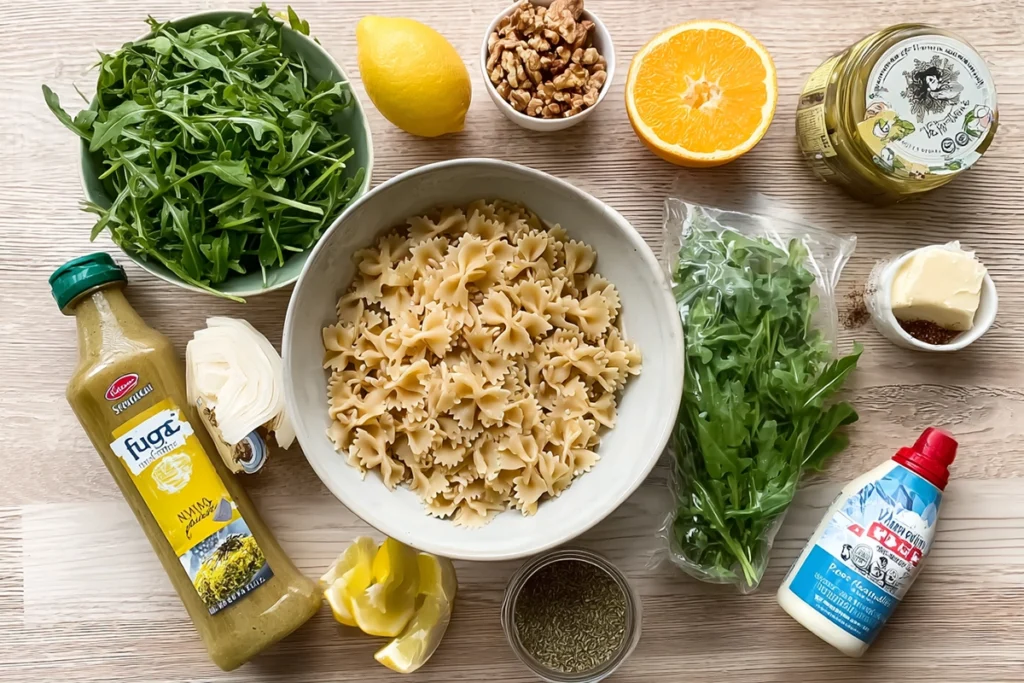 Overhead ingredients for Lemon Arugula Pasta Salad arranged neatly on modern counter