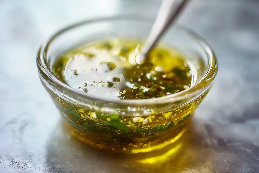 Close-up of fresh lemon dressing for Lemon Arugula Pasta Salad
