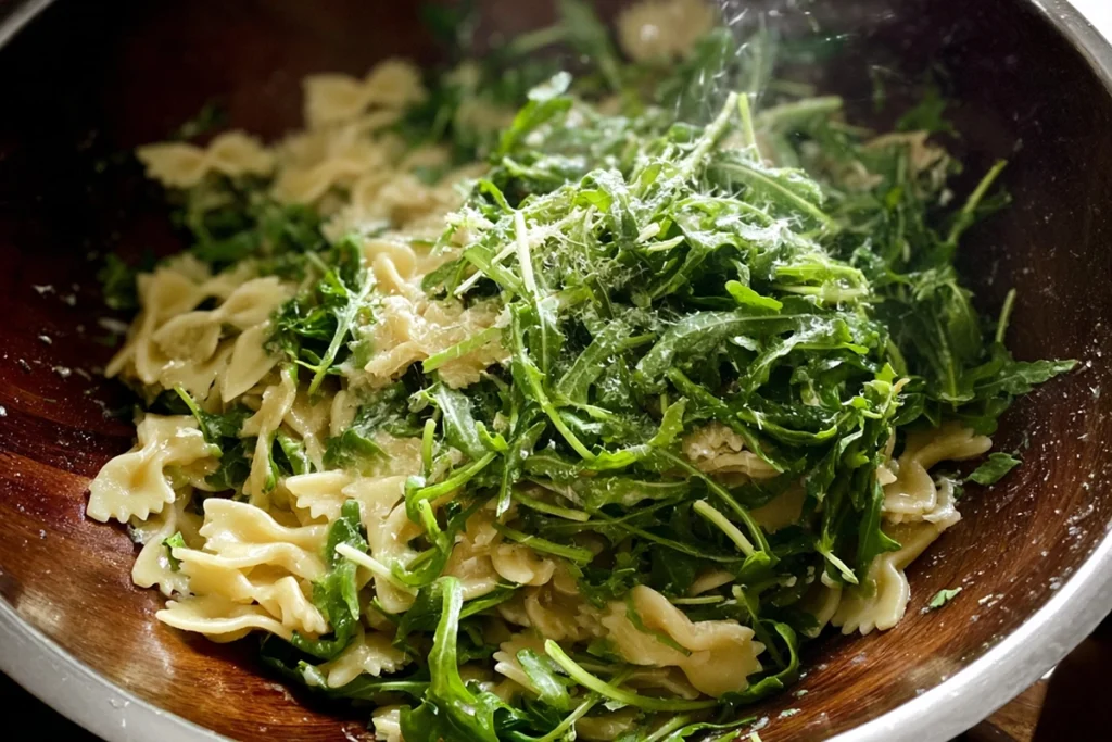 Pasta and arugula being combined for Lemon Arugula Pasta Salad in modern kitchen