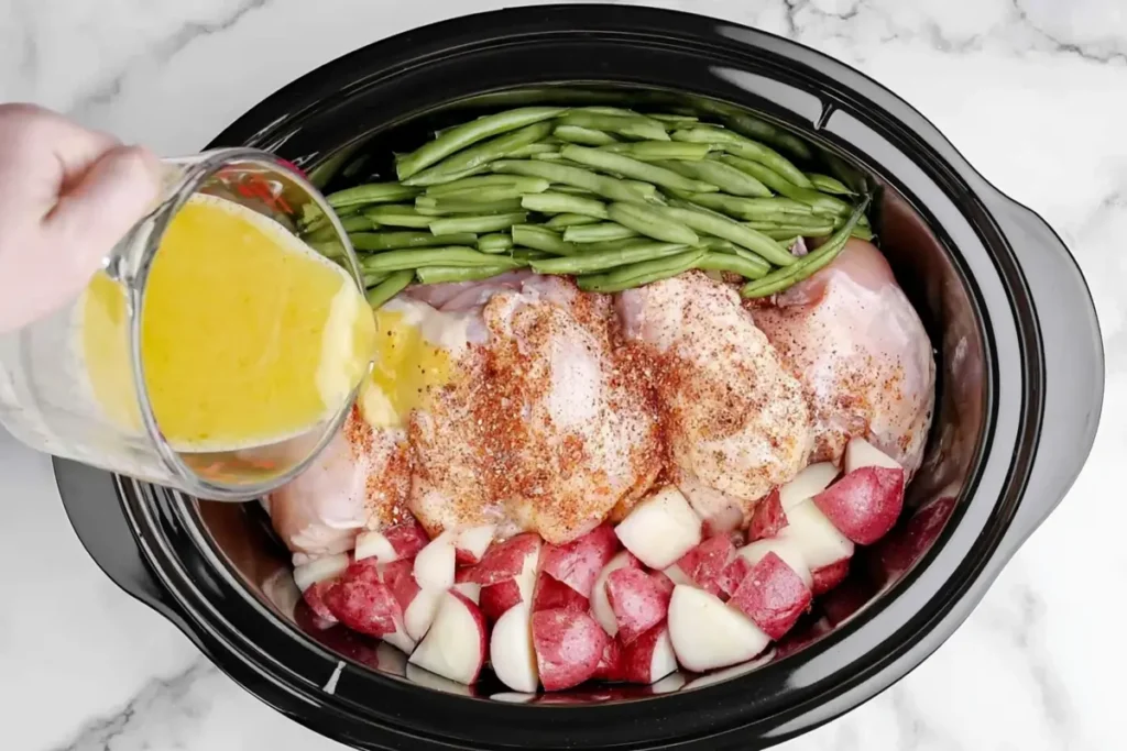 Seasoned Chicken Potatoes and Green Beans in the Slow Cooker 7 Seasoned chicken potatoes and green beans coated with lemon garlic sauce
