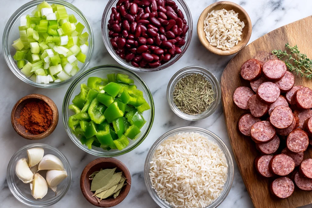 Overhead ingredients layout for Louisiana Red Beans and Rice recipe