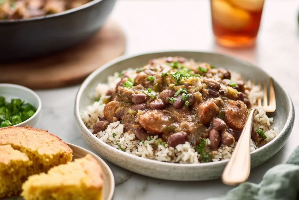 Serving suggestions for Louisiana Red Beans and Rice with cornbread