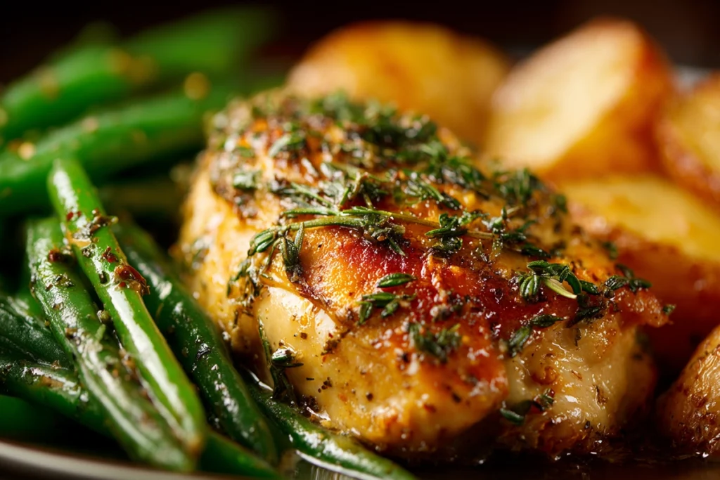 macro shot showing detailed texture of seasoned chicken potatoes and green beans in natural light
