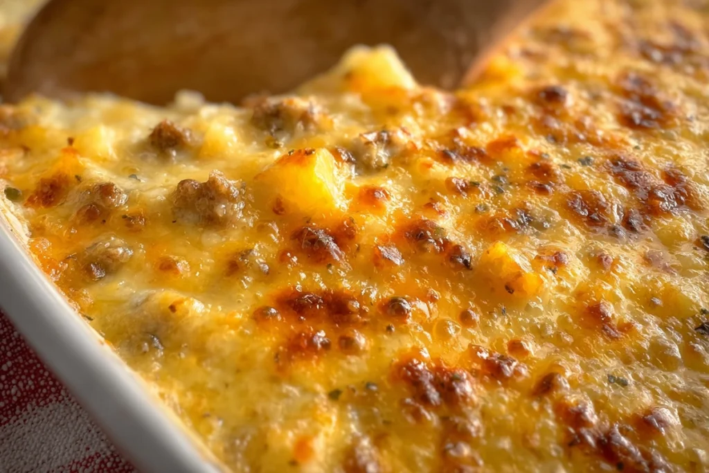 Close-up of melted cheddar cheese topping on Cheesy Ground Beef and Potatoes