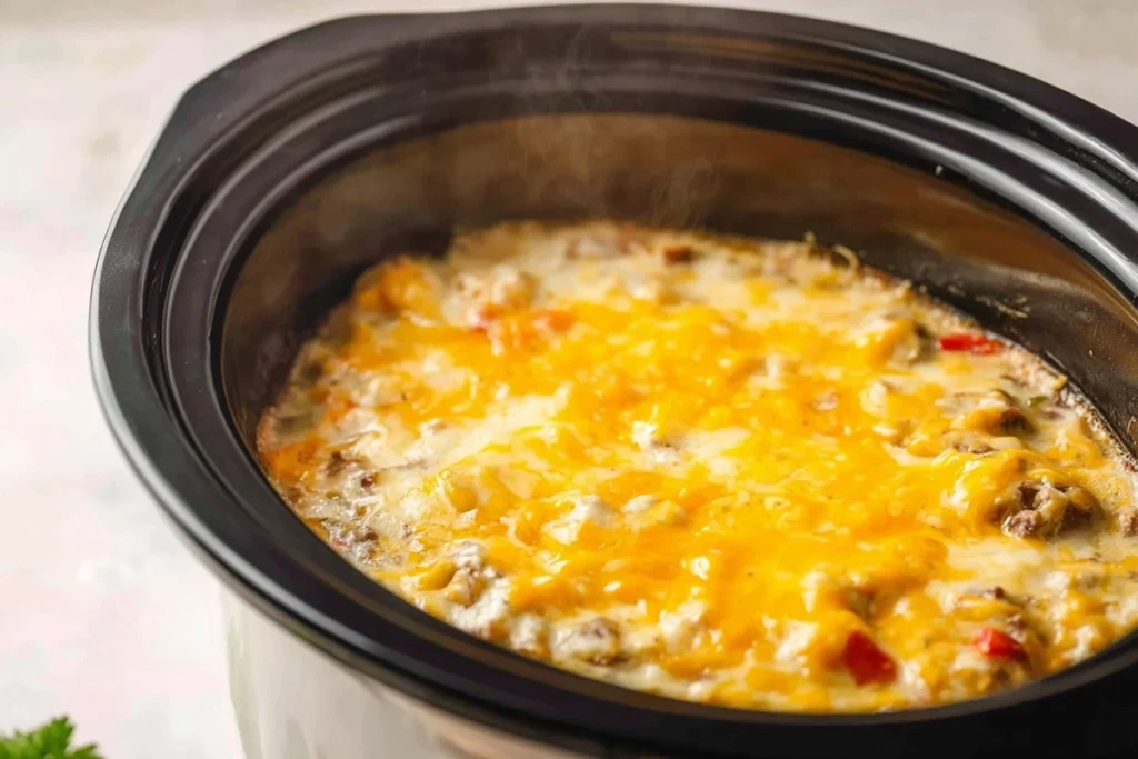 Bubbling melted cheddar on Slow Cooker Steak and Cheddar Potato Casserole