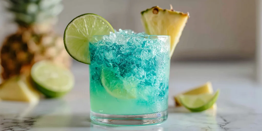 Lime wheel and pineapple wedge garnish on a Mermaid Water Mocktail.