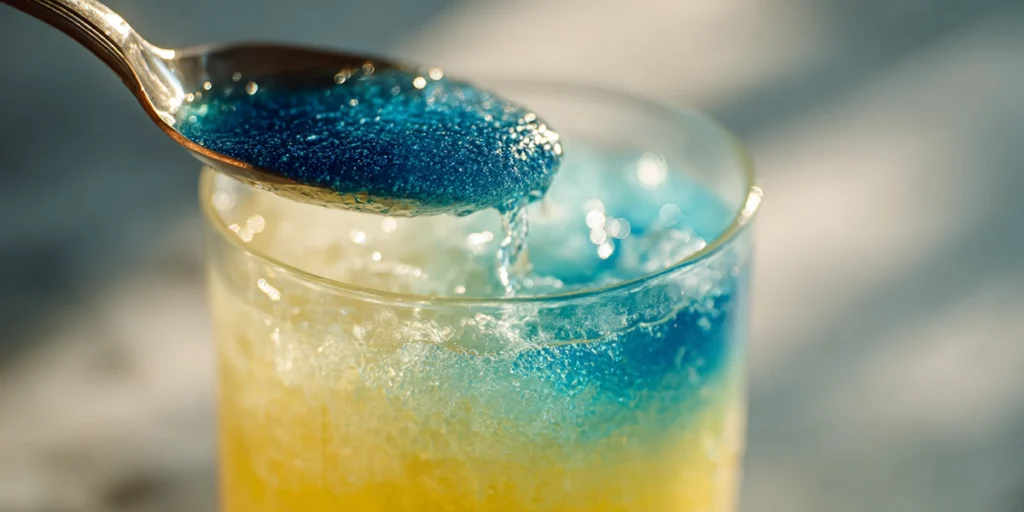 Close-up of the Mermaid Water Mocktail layering process with blue raspberry drink poured over pineapple juice.