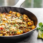 Close-up hero shot of Mexican Ground Beef and Potato Skillet with melted cheese and cilantro