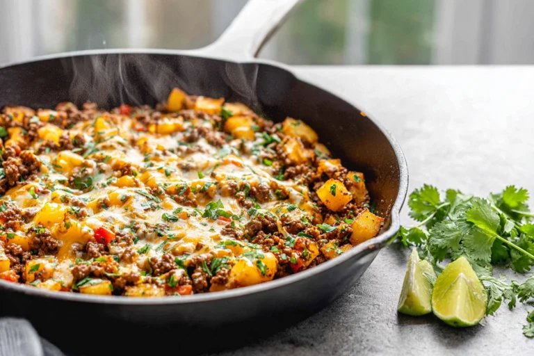 Close-up hero shot of Mexican Ground Beef and Potato Skillet with melted cheese and cilantro