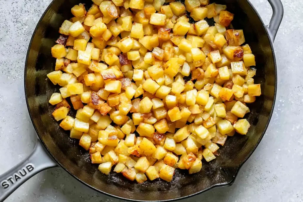 Mexican Ground Beef and Potato Skillet with Melted Cheese 4 Diced potatoes browning for Mexican Ground Beef and Potato Skillet