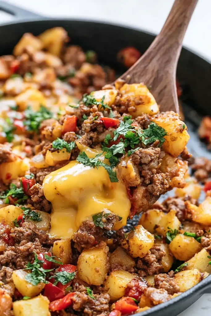 Mexican Ground Beef and Potato Skillet with Melted Cheese 3 Close-up of Mexican Ground Beef and Potato Skillet with tender potatoes, peppers, cilantro, and melted cheese