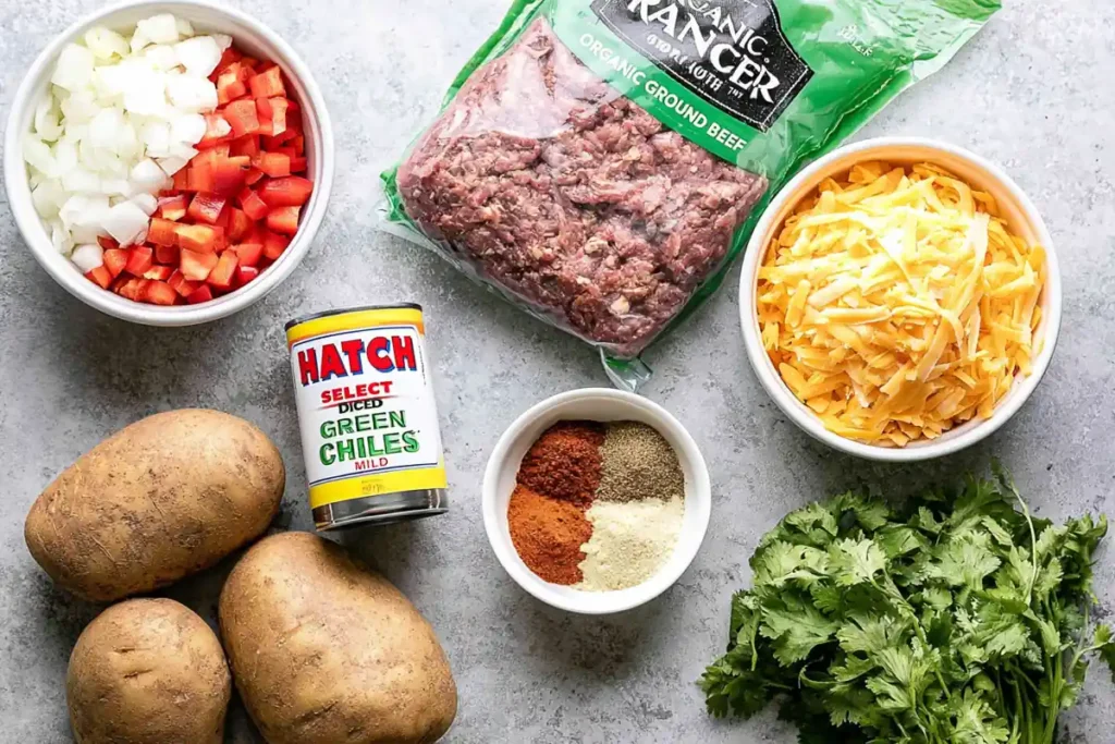 Mexican Ground Beef and Potato Skillet with Melted Cheese 2 Ingredients for Mexican Ground Beef and Potato Skillet with potatoes, beef, peppers, green chiles, spices, and cheese