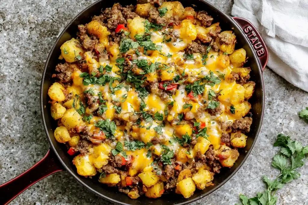 Mexican Ground Beef and Potato Skillet with Melted Cheese 7 Finished Mexican Ground Beef and Potato Skillet topped with melted cheddar and fresh cilantro
