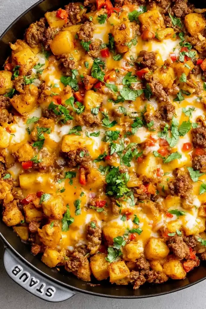 Mexican Ground Beef and Potato Skillet with Melted Cheese 9 Reheated Mexican Ground Beef and Potato Skillet with tender potatoes and melted cheese