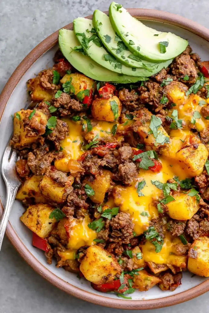 Mexican Ground Beef and Potato Skillet with Melted Cheese 8 Mexican Ground Beef and Potato Skillet served with avocado and warm corn tortillas