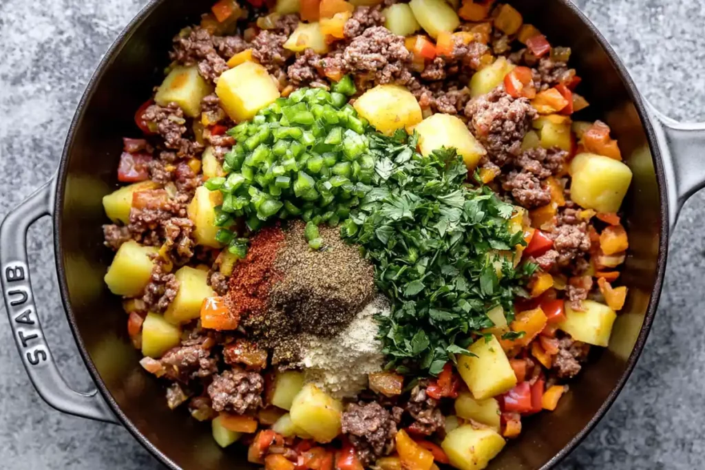 Mexican Ground Beef and Potato Skillet with Melted Cheese 6 Green chiles, cilantro, and spices added to Mexican Ground Beef and Potato Skillet