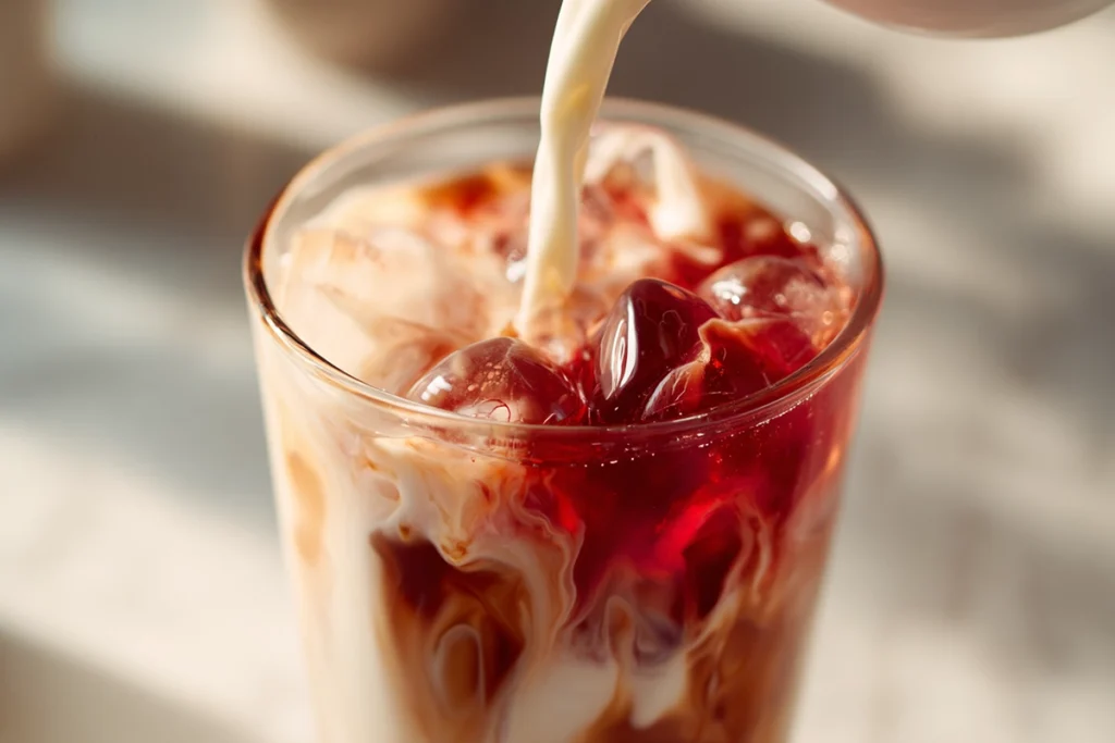 Pouring milk into Cherry Earl Grey Milk Tea, creating a swirling effect with cherry syrup blending into the drink