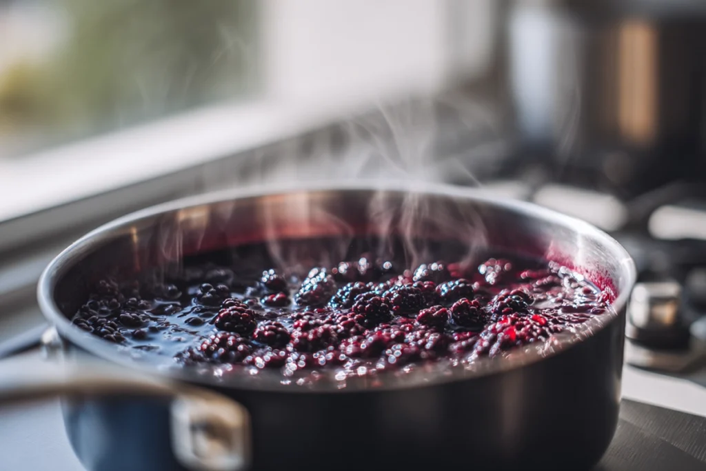 Blackberry purée simmering for Mini Blackberry Mousse Cakes