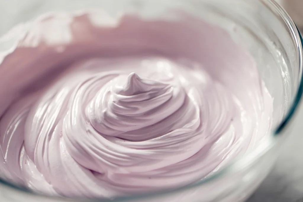 Close-up of blackberry mousse being folded for Mini Blackberry Mousse Cakes
