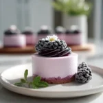 Photorealistic hero shot of Mini Blackberry Mousse Cakes on modern kitchen counter