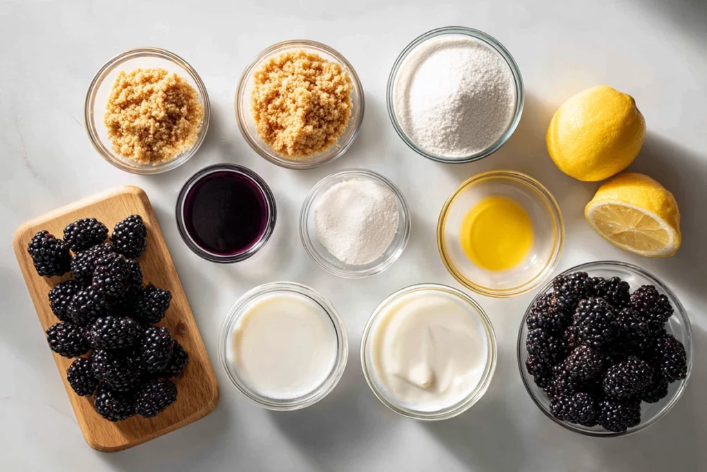 Overhead ingredients layout for Mini Blackberry Mousse Cakes in modern kitchen