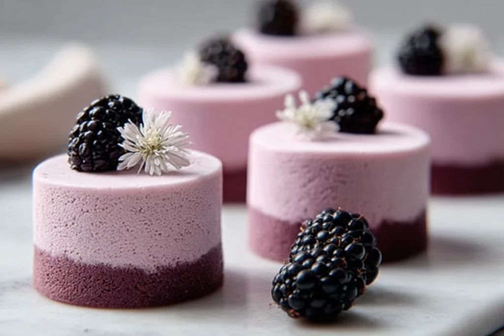 Mini Blackberry Mousse Cakes being unmolded on modern kitchen counter